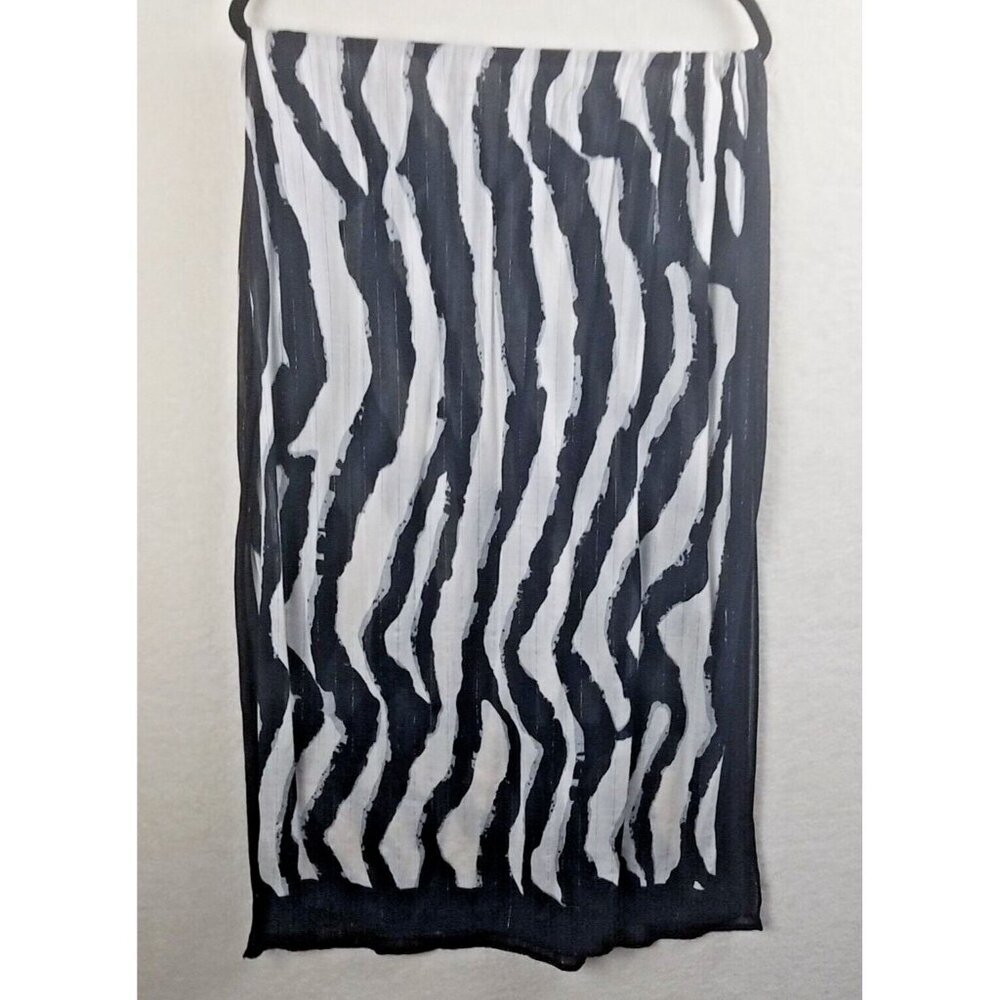 Zebra Print Oblong Scarf‎ Cream Black threads of silver 26x64 sheer